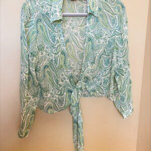 Ann Taylor 100% Silk Green Floral Paisley Genuine Wrap Top Blouse Size 12P